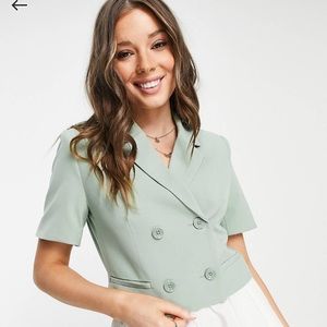 Stradivarius Cropped Short Sleeve Blazer in Sage Green